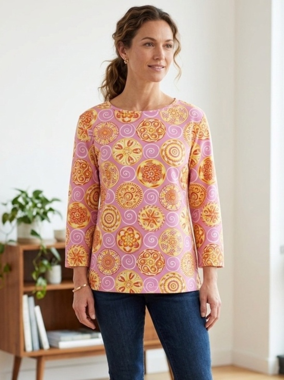 Melly M Top Women’s Large Pink Geometric Catalina Cloth 3/4 Sleeve Top L Golf